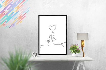Kiss One Line Sketch Bedroom Drawing Minimalist Wall Art Home Decor Print Poster