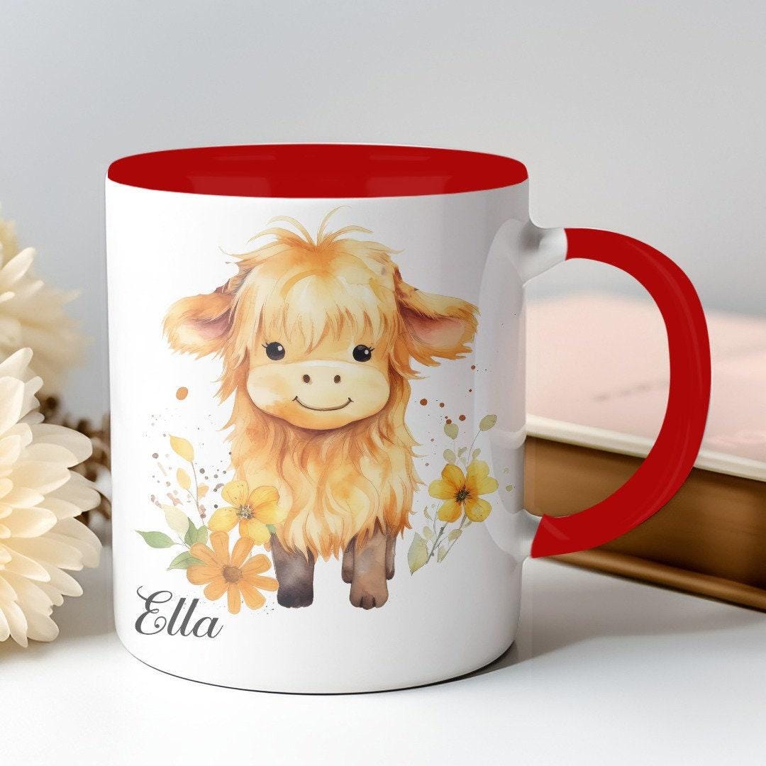 Custom Highland Cow Personalised Mug & Coaster Set Fluffy Cow Design Birthday Christmas Gifts