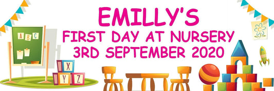 2x Personalised First Day At Nursery Banner: Milestone Party Decoration