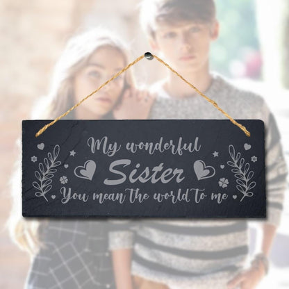 Engraved Slate Sister Gift: Hanging Family Plaque Sign
