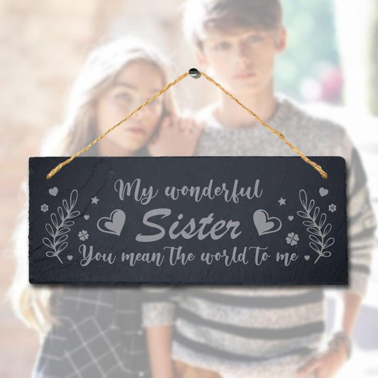Engraved Slate Sister Gift: Hanging Family Plaque Sign
