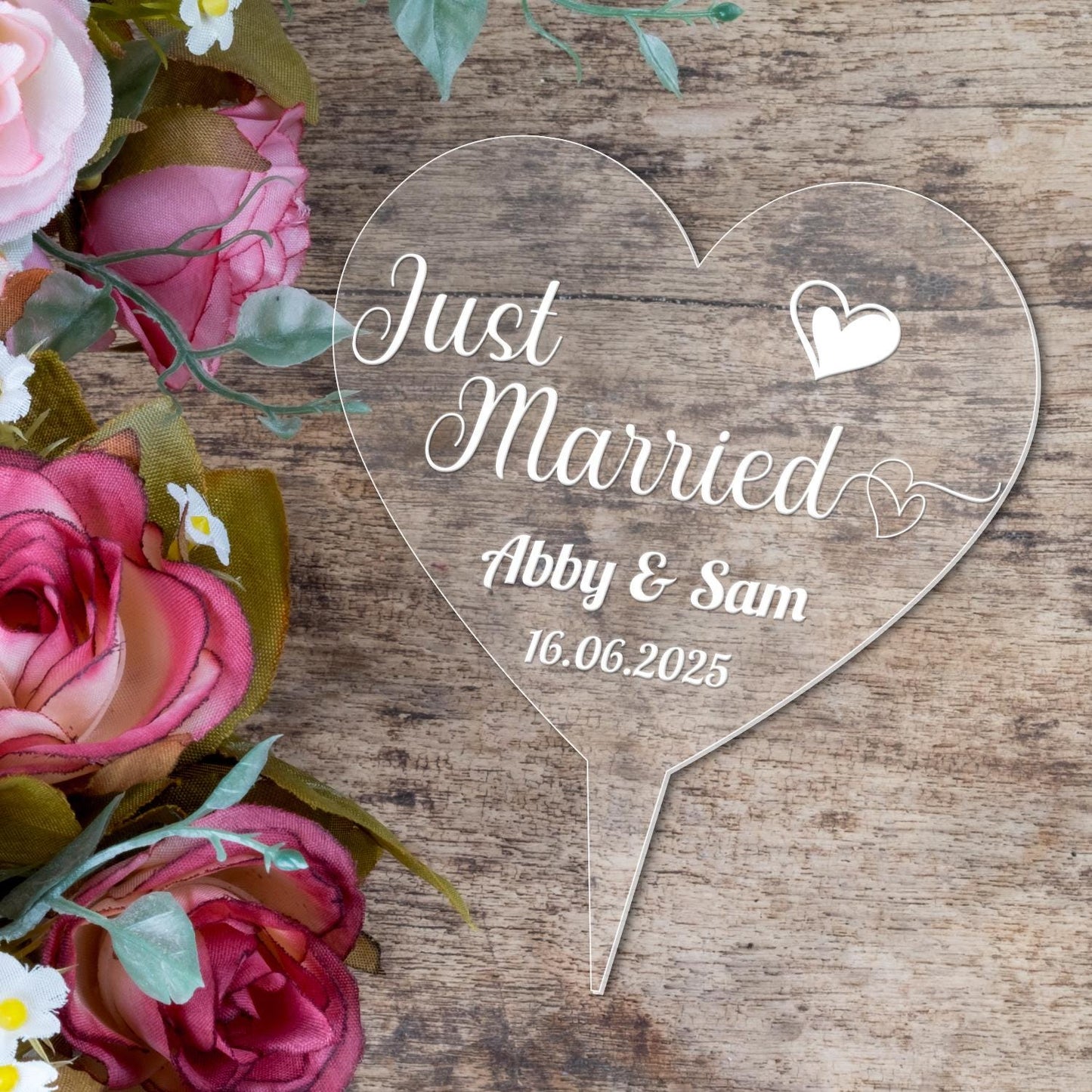 Personalised Wedding Cake Topper Just Married Engraved Acrylic Heart Decoration