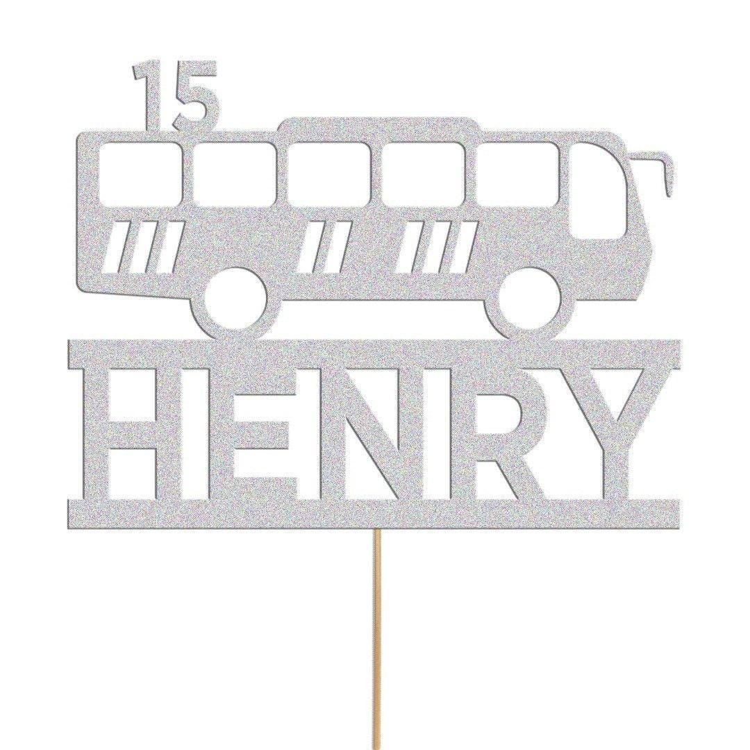 Personalized Glitter Bus Cake Topper: Custom Name & Age