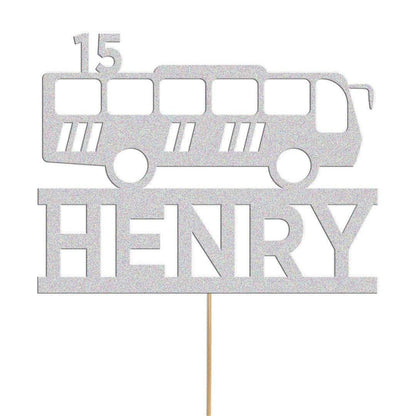 Personalized Glitter Bus Cake Topper: Custom Name & Age