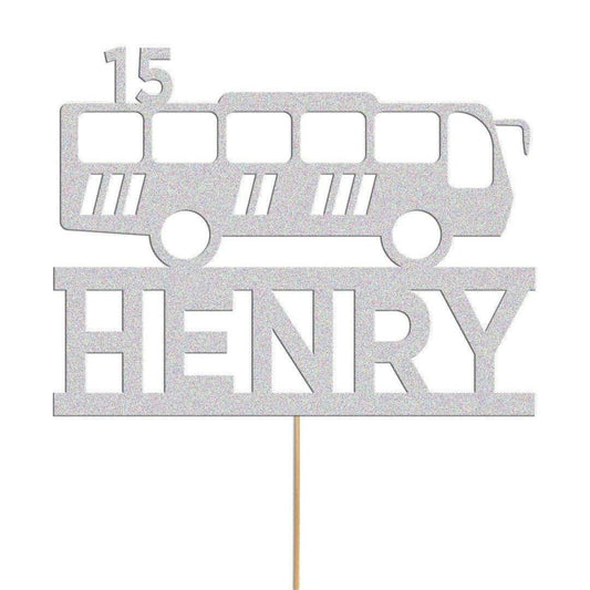 Personalized Glitter Bus Cake Topper: Custom Name & Age