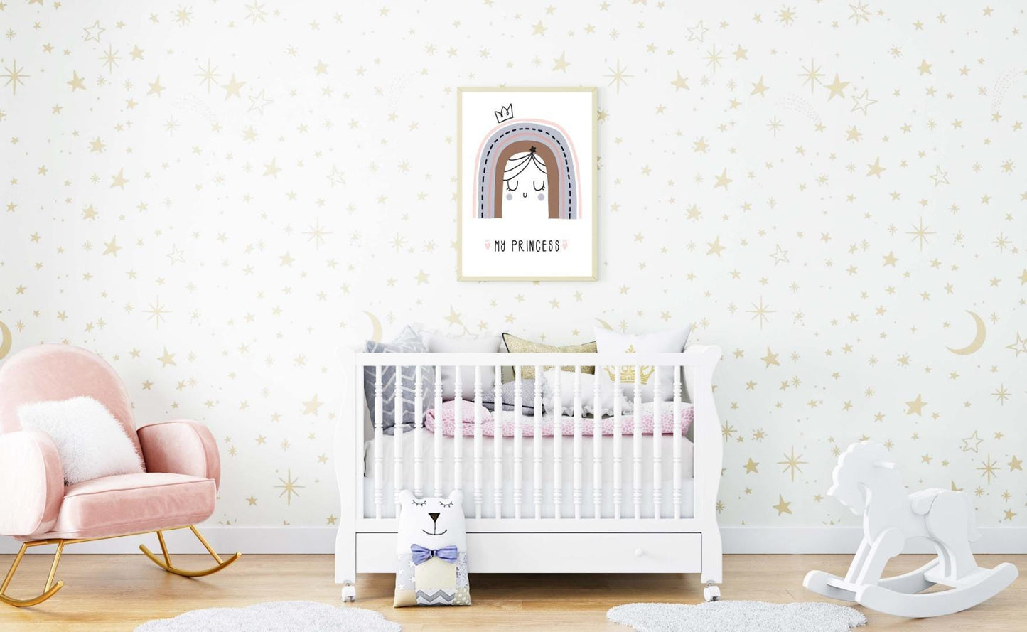 Princess Rainbow Girls Boho Watercolour Hand Painted Effect Nursery Wall Poster