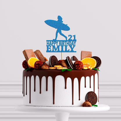 Personalised Surfboard Glitter Cake Topper: Girl's Birthday Decoration
