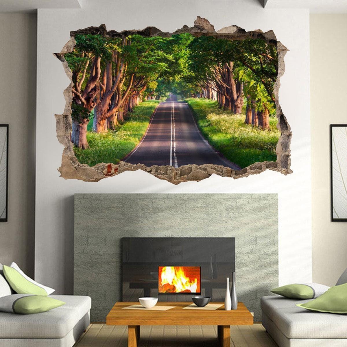 Forest Path Grass Autumn Leaves Window Poster Crack Smashed Wall Sticker Vinyl Decal