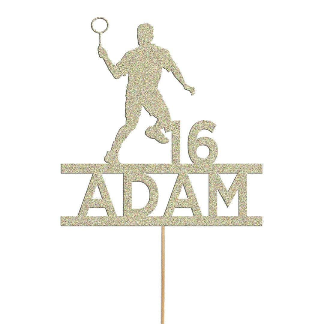 Personalised Badminton Player Glitter Cake Topper: Any Name & Age
