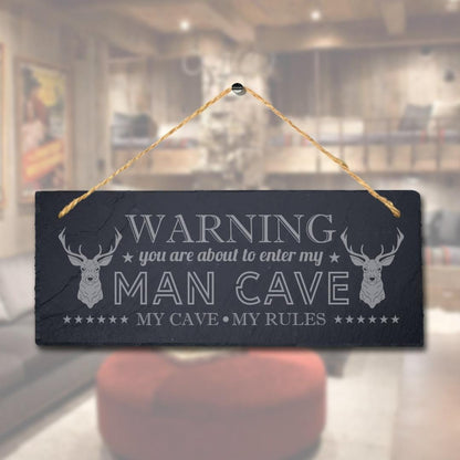 Warning My Cave My Rules Laser Engraved Hanging Slate Home Club Pub Plaque Sign