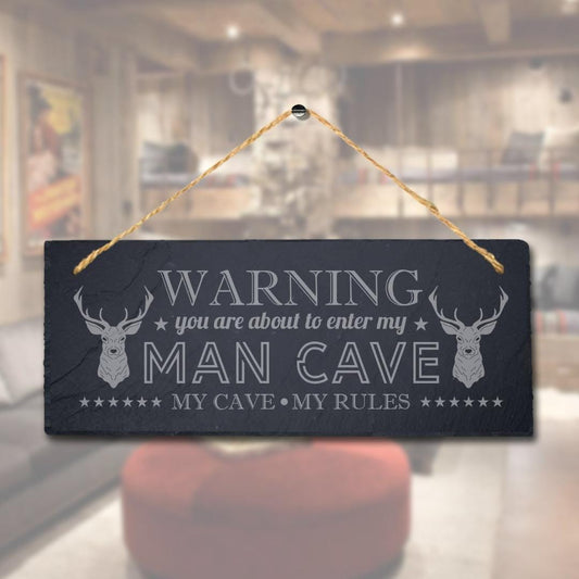 Warning My Cave My Rules Laser Engraved Hanging Slate Home Club Pub Plaque Sign