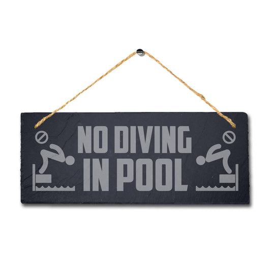 No Diving In Pool Laser Engraved Hanging Slate Pool Pond Caution Plaque Sign