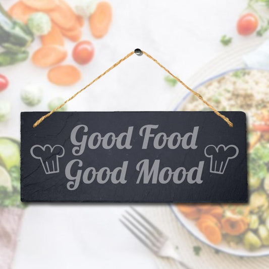 Good Food Good Mood Laser Engraved Hanging Slate Kitchen Restaurant Plaque Sign