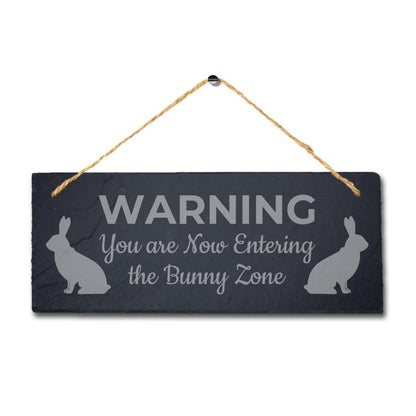Warning You Are Entering Bunny Zone Engraved Hanging Slate Rabbit Plaque Sign