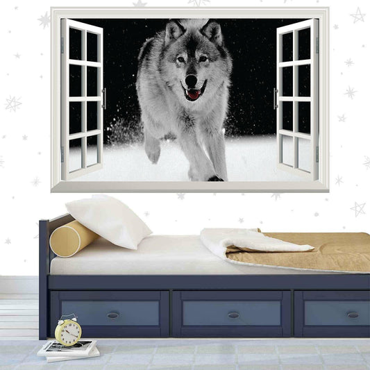 Snow Wolf 3D Window View Wall Decal: Running Husky Mural