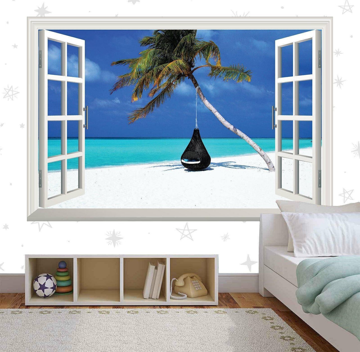 Maldives Beach View Wall Decal: 3D Window, Palma Tree Vinyl Mural
