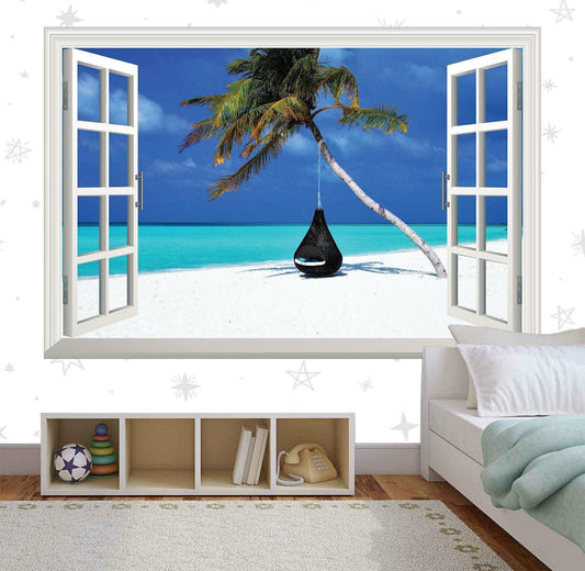 Maldives Beach View Wall Decal: 3D Window, Palma Tree Vinyl Mural
