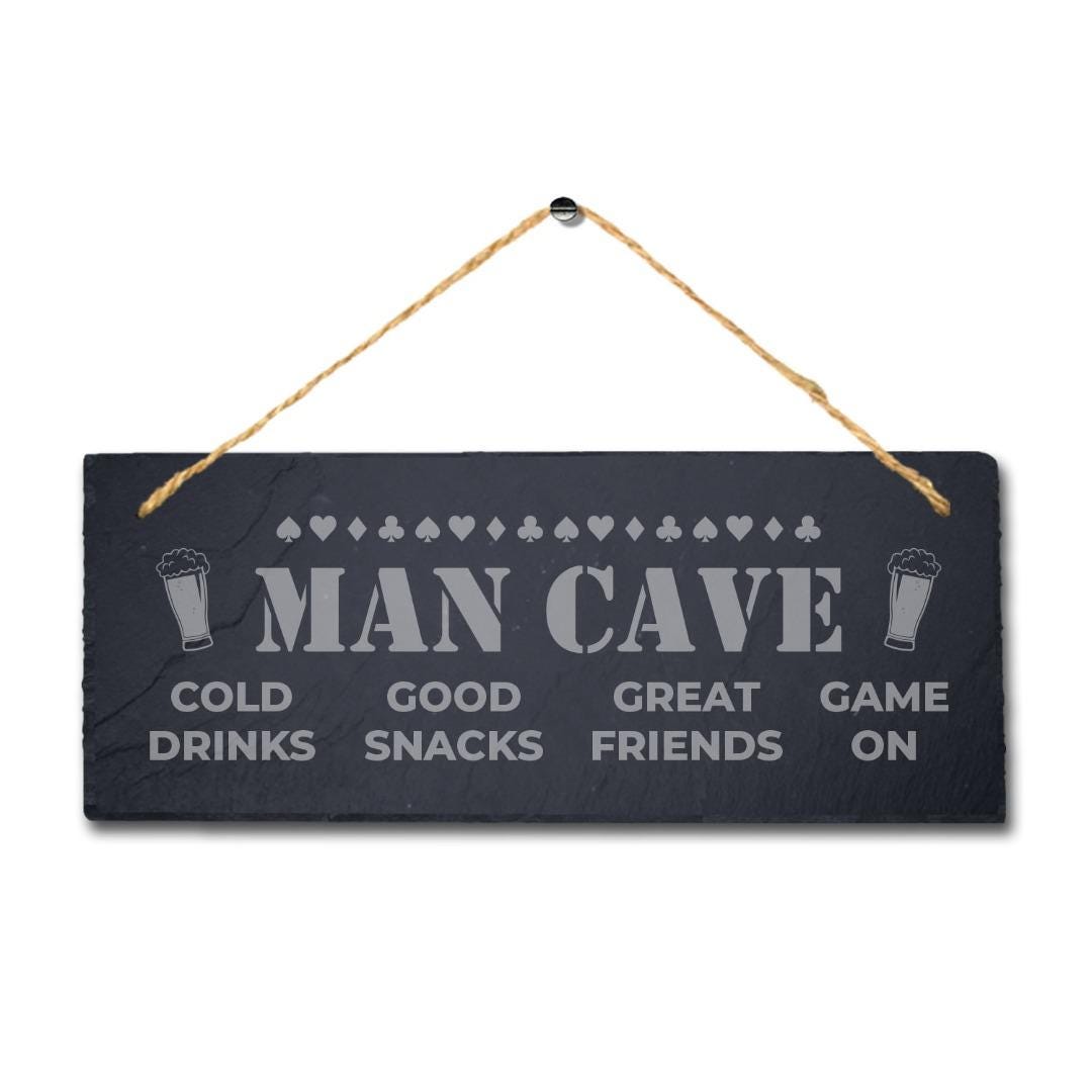 Man Cave Cold Drinks Good Snacks Laser Engraved Hanging Slate Pub Shed Plaque Sign