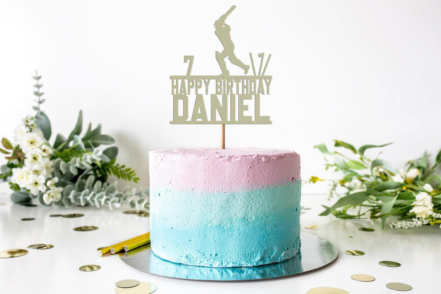 Personalised Glitter Cricket Cake Topper: Birthday Party Decor