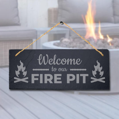 Welcome To Our Fire Pit Laser Engraved Hanging Slate Shelter Plaque Camping Sign