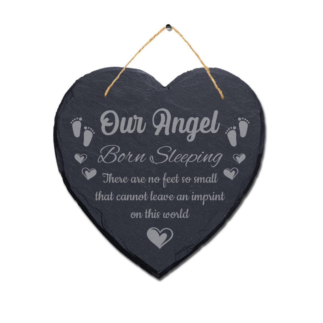 Our Angel Born Sleeping Laser Engraved Hanging Memorial Heart Shape Slate Sign