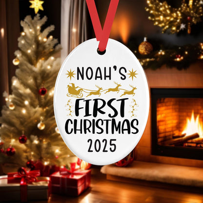 Personalised Babys First Christmas Oval Ceramic Bauble Tree Hanging Keepsake Decoration