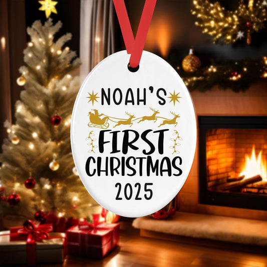 Personalised Babys First Christmas Oval Ceramic Bauble Tree Hanging Keepsake Decoration
