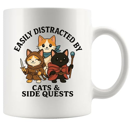 Easily Distracted By Cats and Side Quests Cat | Ceramic Coffee Mug | 11 OZ