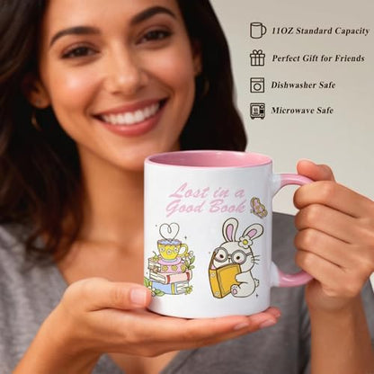 Cute Bunny Book Lover with Pastel Flowers and | Ceramic Coffee Mug | 11 OZ