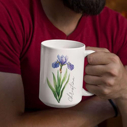 Iris Flower Accent Personalized Floral | Customised Coffee Mug | 11 OZ