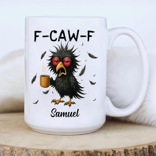 Personalized Name Caw-F Crow Raven Bird | Customised Coffee Mug | 11 OZ