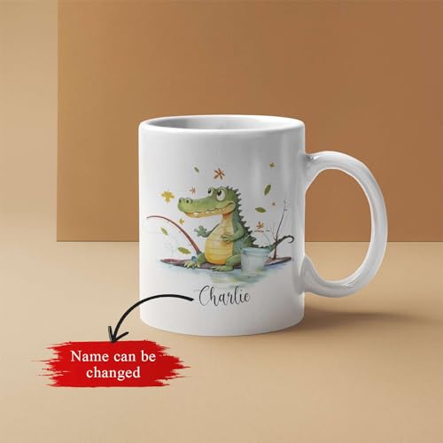 Cute Crocodile Go Fishing Customized Name | Customised Coffee Mug | 11 OZ