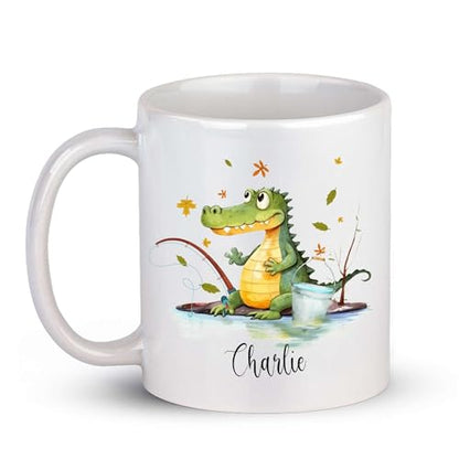 Cute Crocodile Go Fishing Customized Name | Customised Coffee Mug | 11 OZ