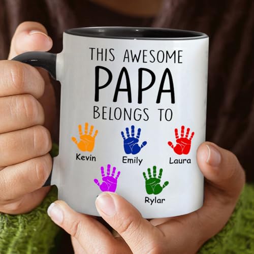 Personalized Father's Day This Awesome Papa Belongs To Kids Name | Ceramic Coffee Mug | Father's Day Gift | Stylish Printed Design | Tea & Coffee Cup | 11oz | Blue Two-Tone Design