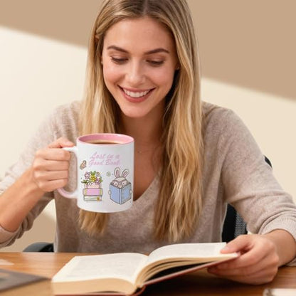 Cute Bunny Book Lover with Pastel Flowers and | Ceramic Coffee Mug | 11 OZ