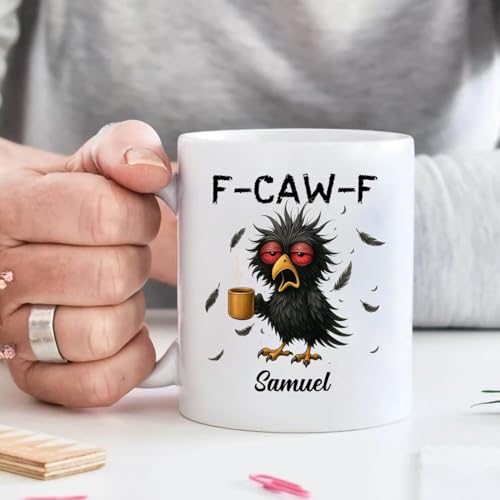 Personalized Name Caw-F Crow Raven Bird | Customised Coffee Mug | 11 OZ