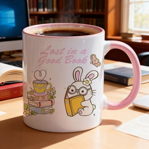 Cute Bunny Book Lover with Pastel Flowers and | Ceramic Coffee Mug | 11 OZ