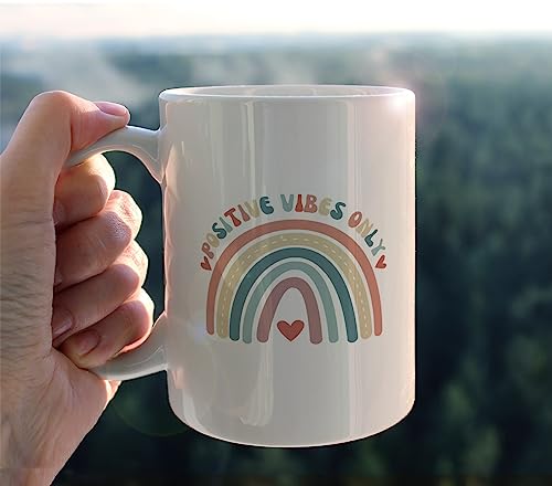 Retro Groovy Positive Vibes Boho Rainbow Heart | Ceramic Coffee Mug | 11 OZ