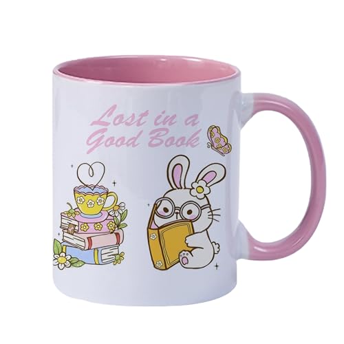 Cute Bunny Book Lover with Pastel Flowers and | Ceramic Coffee Mug | 11 OZ