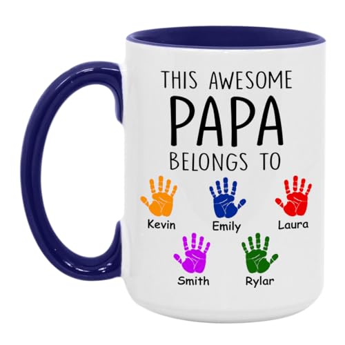 Personalized Father's Day This Awesome Papa Belongs To Kids Name | Ceramic Coffee Mug | Father's Day Gift | Stylish Printed Design | Tea & Coffee Cup | 11oz | Blue Two-Tone Design