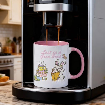 Cute Bunny Book Lover with Pastel Flowers and | Ceramic Coffee Mug | 11 OZ