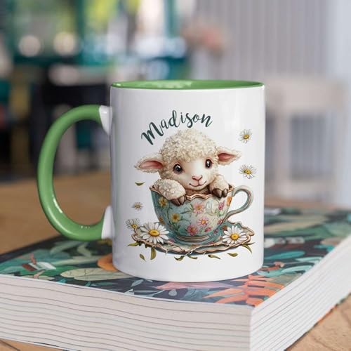 Lamb With Customized Name In Floral Design | Customised Coffee Mug | 11 OZ
