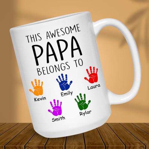Personalized Father's Day This Awesome Papa Belongs To Kids Name | Ceramic Coffee Mug | Father's Day Gift | Stylish Printed Design | Tea & Coffee Cup | 11oz | Blue Two-Tone Design