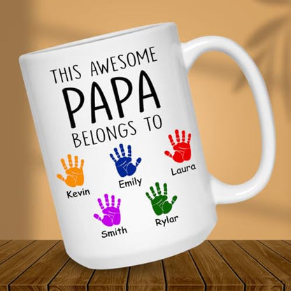 Personalized Father's Day This Awesome Papa Belongs To Kids Name | Ceramic Coffee Mug | Father's Day Gift | Stylish Printed Design | Tea & Coffee Cup | 11oz | Blue Two-Tone Design