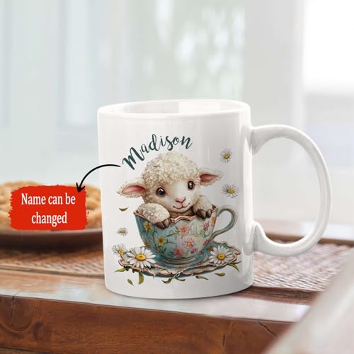 Lamb With Customized Name In Floral Design | Customised Coffee Mug | 11 OZ