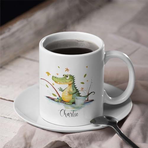 Cute Crocodile Go Fishing Customized Name | Customised Coffee Mug | 11 OZ