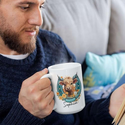 Highland Cow Behind A Horseshoe Customized | Customised Coffee Mug | 11 OZ