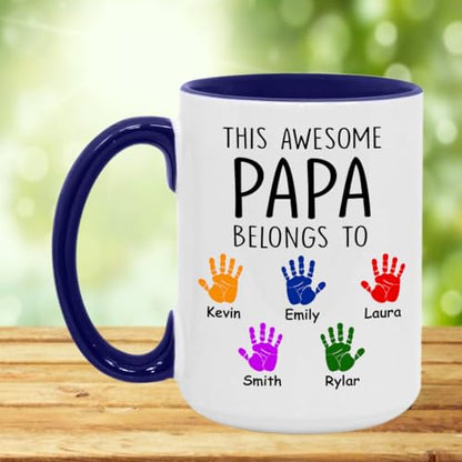Personalized Father's Day This Awesome Papa Belongs To Kids Name | Ceramic Coffee Mug | Father's Day Gift | Stylish Printed Design | Tea & Coffee Cup | 11oz | Blue Two-Tone Design