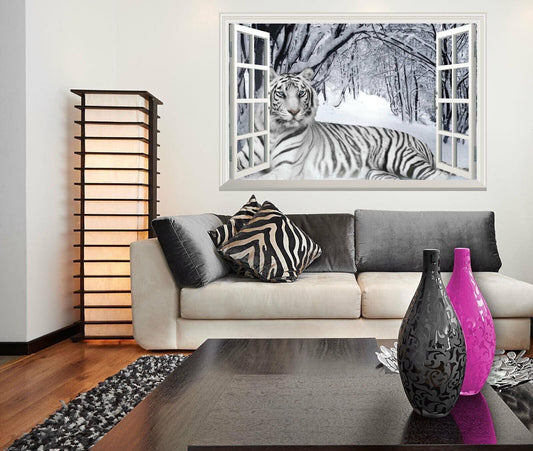 White Tiger 3D Window View Wall Sticker: Winter Forest Mural