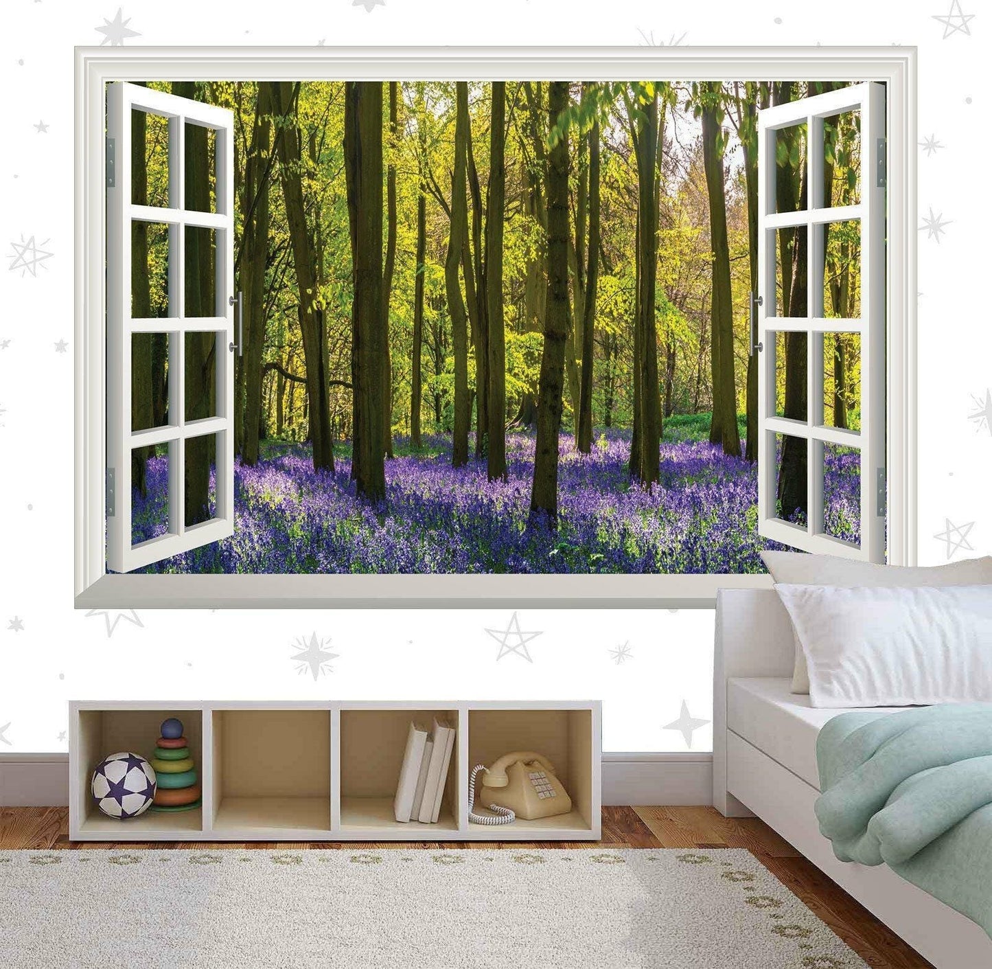 3D Window View Wall Decal: Purple Flower Forest Vinyl Mural